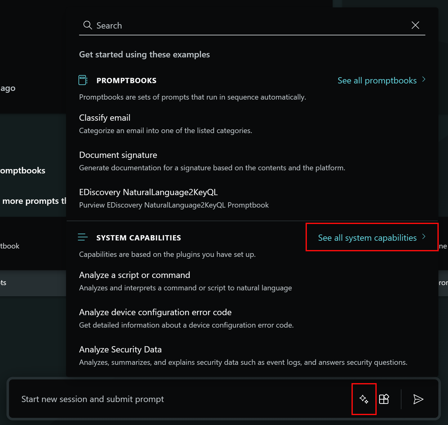 Screenshot that shows how to select the prompts icon and system capabilities in Microsoft Copilot for Security.