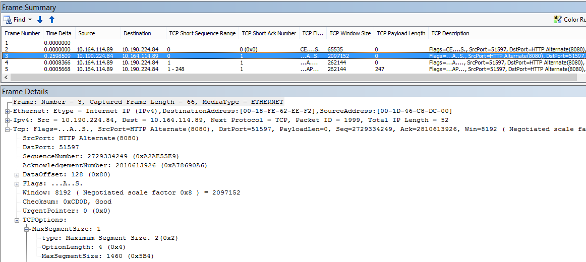 Network trace filtered in Netmon using the built-in columns.