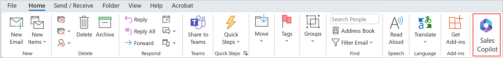 Screenshot showing Sales Copilot icon in Outlook desktop.