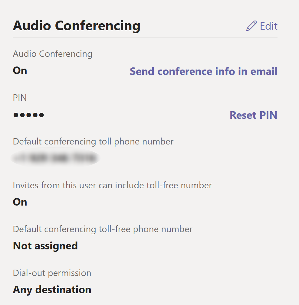 Screenshot of Audio Conferencing settings for a user in the Microsoft Teams Admin Center.