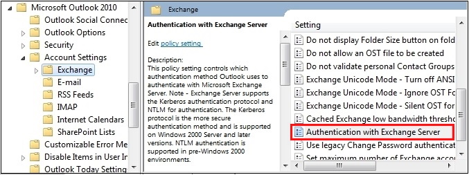 Screenshot of the Authentication with Exchange Server group policy.