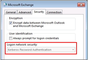Screenshot of the Security tab in the Microsoft Exchange setting window.