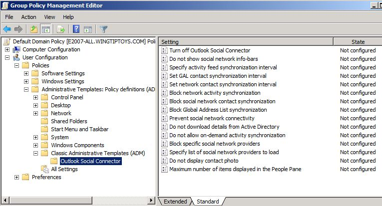 The Outlook Social Connector setting under Classic Administrative Templates (ADM) in User Configuration.