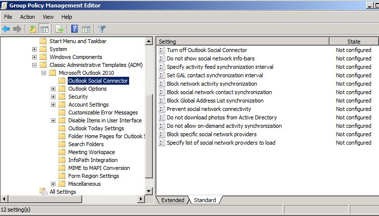 The Outlook Social Connector setting under Microsoft Outlook 2010 in User Configuration.