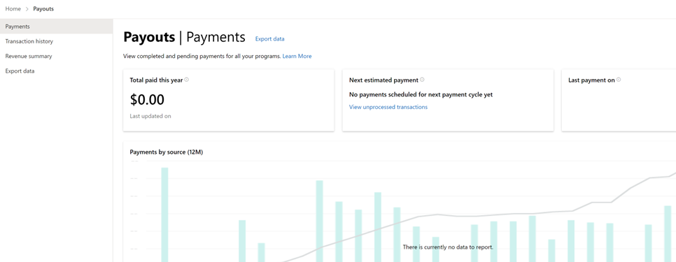 Screenshot of the Payments page in Partner Center, which illustrates the Payout icon in the upper right corner of Partner Center.