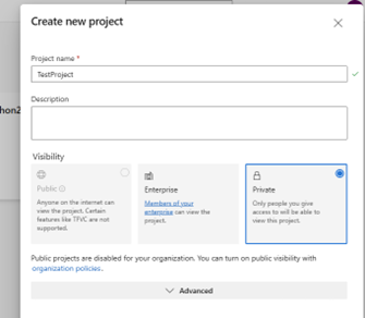 Screenshot showing how to add new project details in PBIP and Azure DevOps integration.