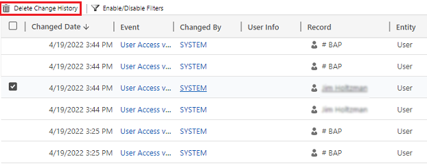 Select Delete Change History to delete all logs for the selected record.