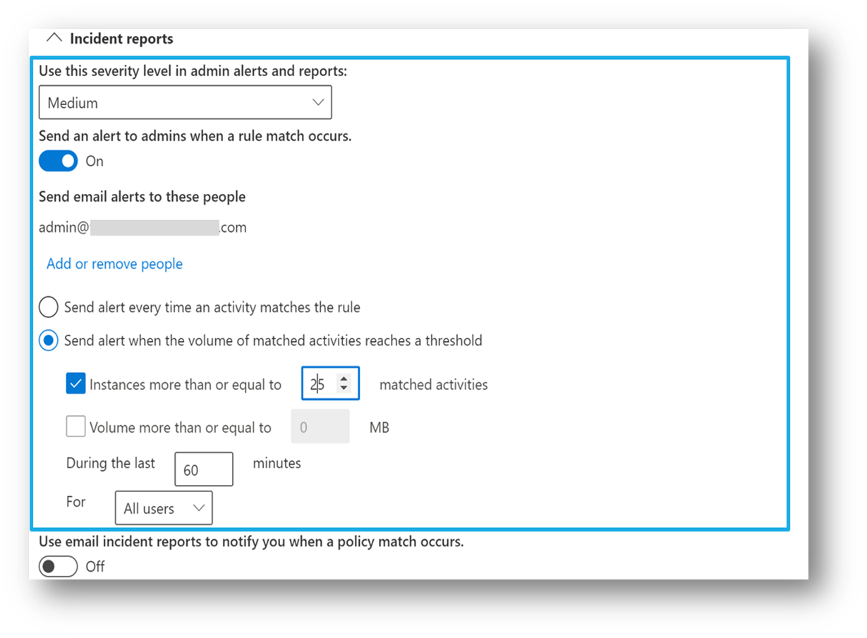 Screenshot showing options for incident reports for users who are eligible for aggregated alert configuration options.