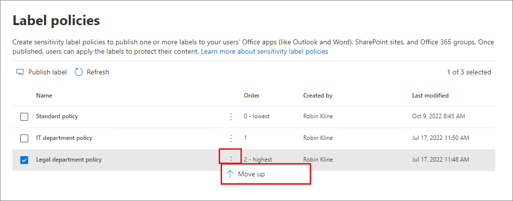 Move option on the page for sensitivity label policies.