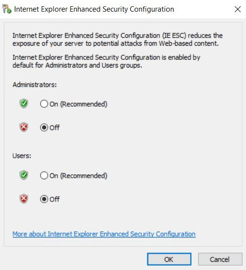 Screenshot of the IE Enhanced Security Configuration window. The Off option is selected.