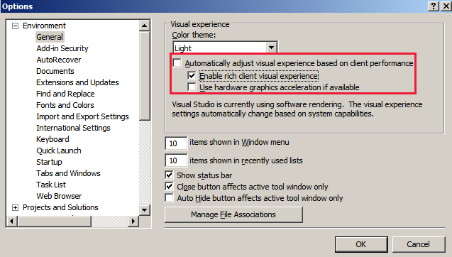 Screenshot of the Options window showing the Automatically adjust visual experience based on client performance checkbox is cleared.