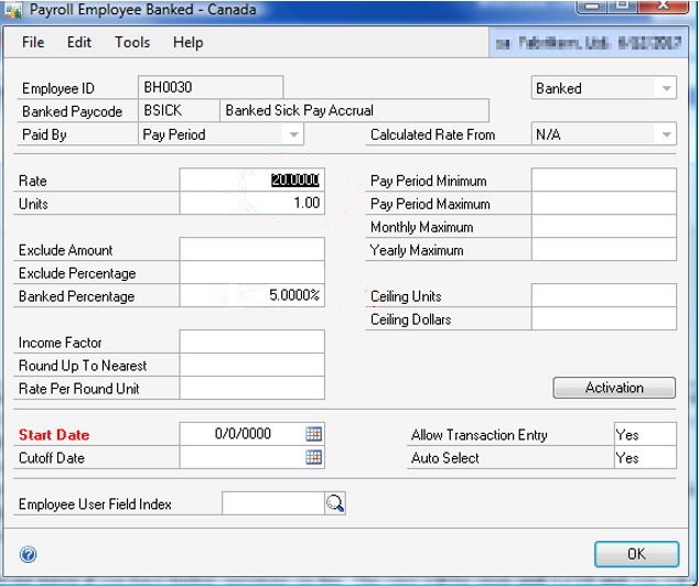 Screenshot of the Payroll Employee Banked window. The Rate field is set to 20 with Units set to 1. The Banked Percentage field shows 5%.