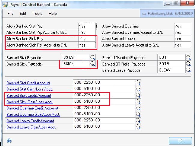 Screenshot of the Payroll Control Banked window, in which the banked options for Sick Pay are set.