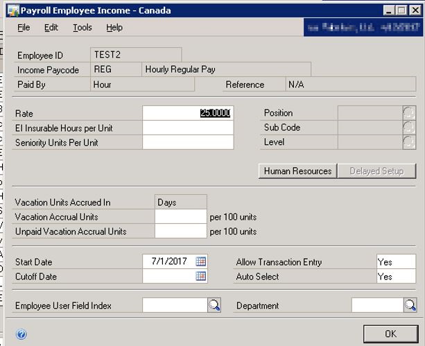 Screenshot of the income paycode REG detail.