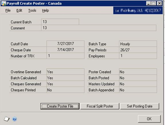 Screenshot of the Payroll Create Poster - Canada window.