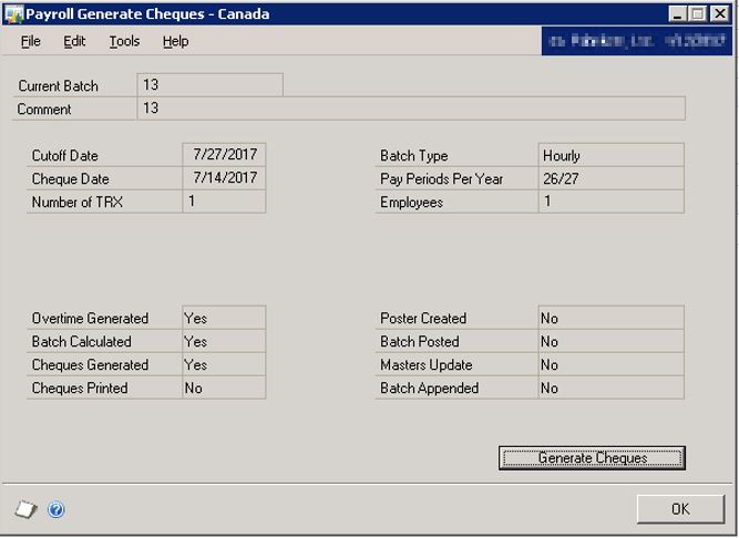 Screenshot of the Payroll Generate Cheques - Canada window.