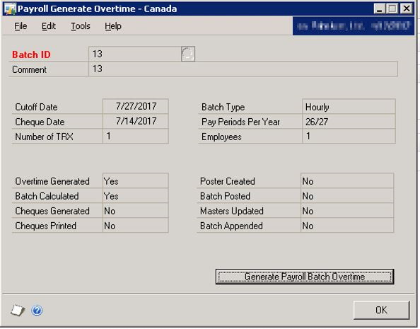 Screenshot of the Payroll Generate Overtime - Canada window.
