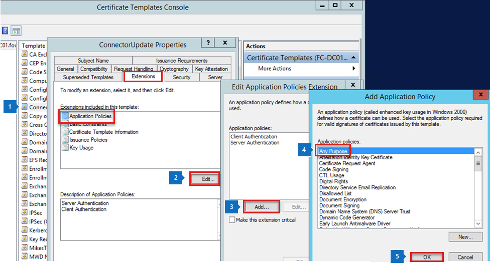 Screenshot shows steps to add Any Purpose to certificate template on the certificate authority.