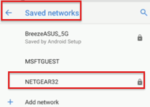 Screenshot of a Wi-Fi connection that's shown as a saved network.