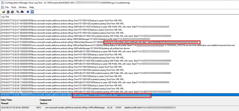 Screenshot of a sample CMTrace log output that shows WiFi Intune configuration profile successfully applied on devices.
