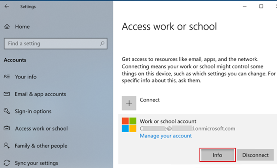 Screenshot of the Access work or school pane. Info button is highlighted on Windows device.