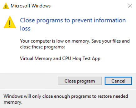 Screenshot of out of memory warning.