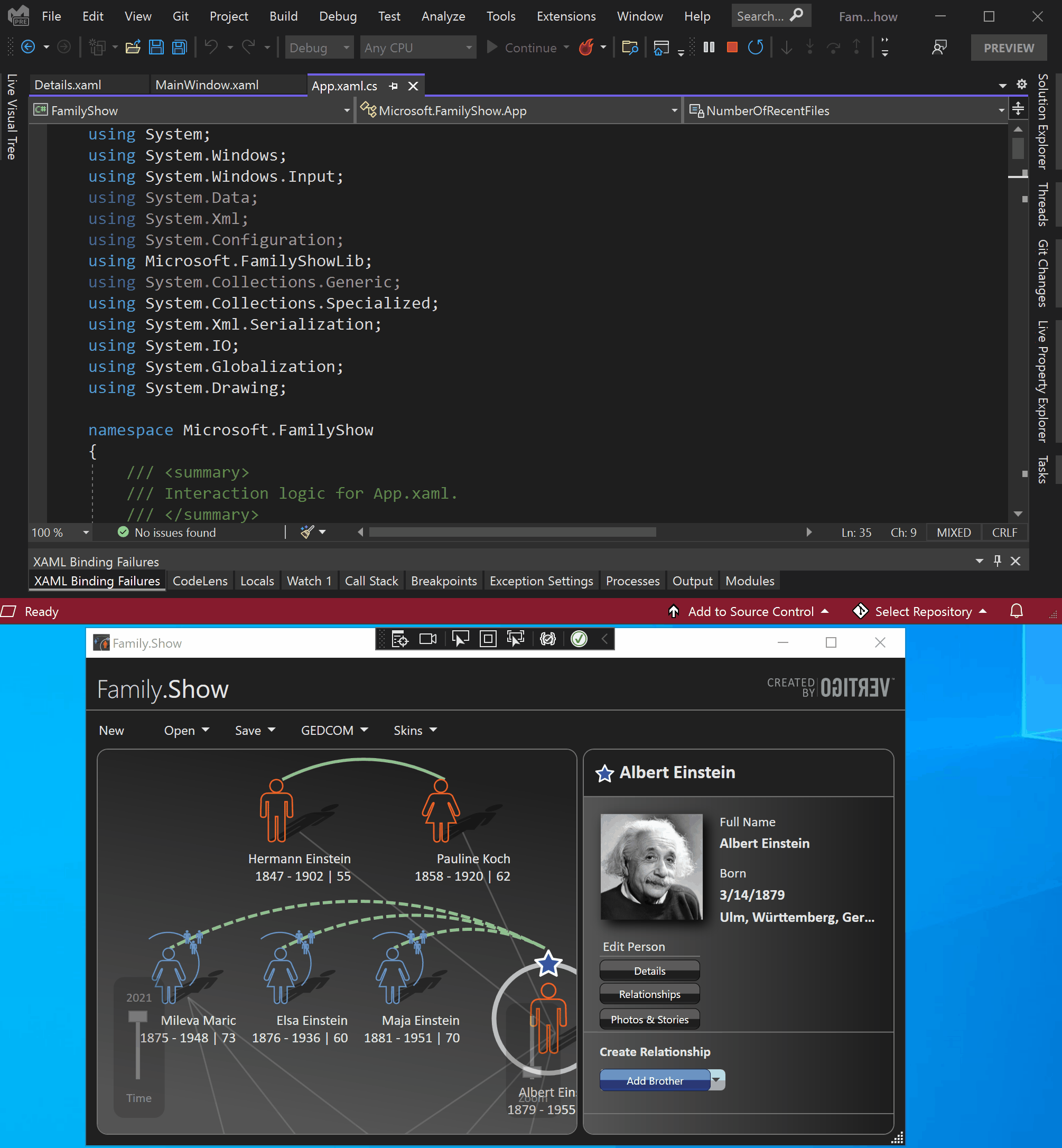 An animation of the Live Visual Tree opening source code and using XAML Hot Reload to change UI elements.