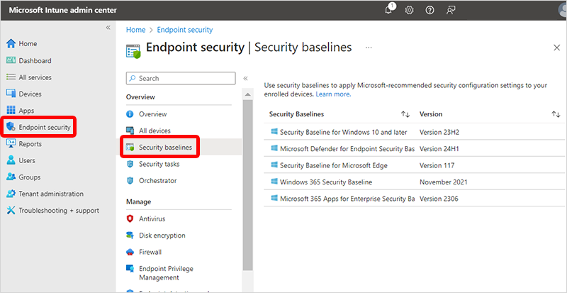 Screenshot of view security baselines