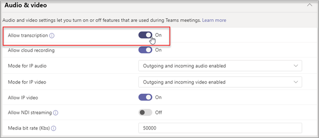 the admin center with meeting policies highlighted and Allow transcription selected.