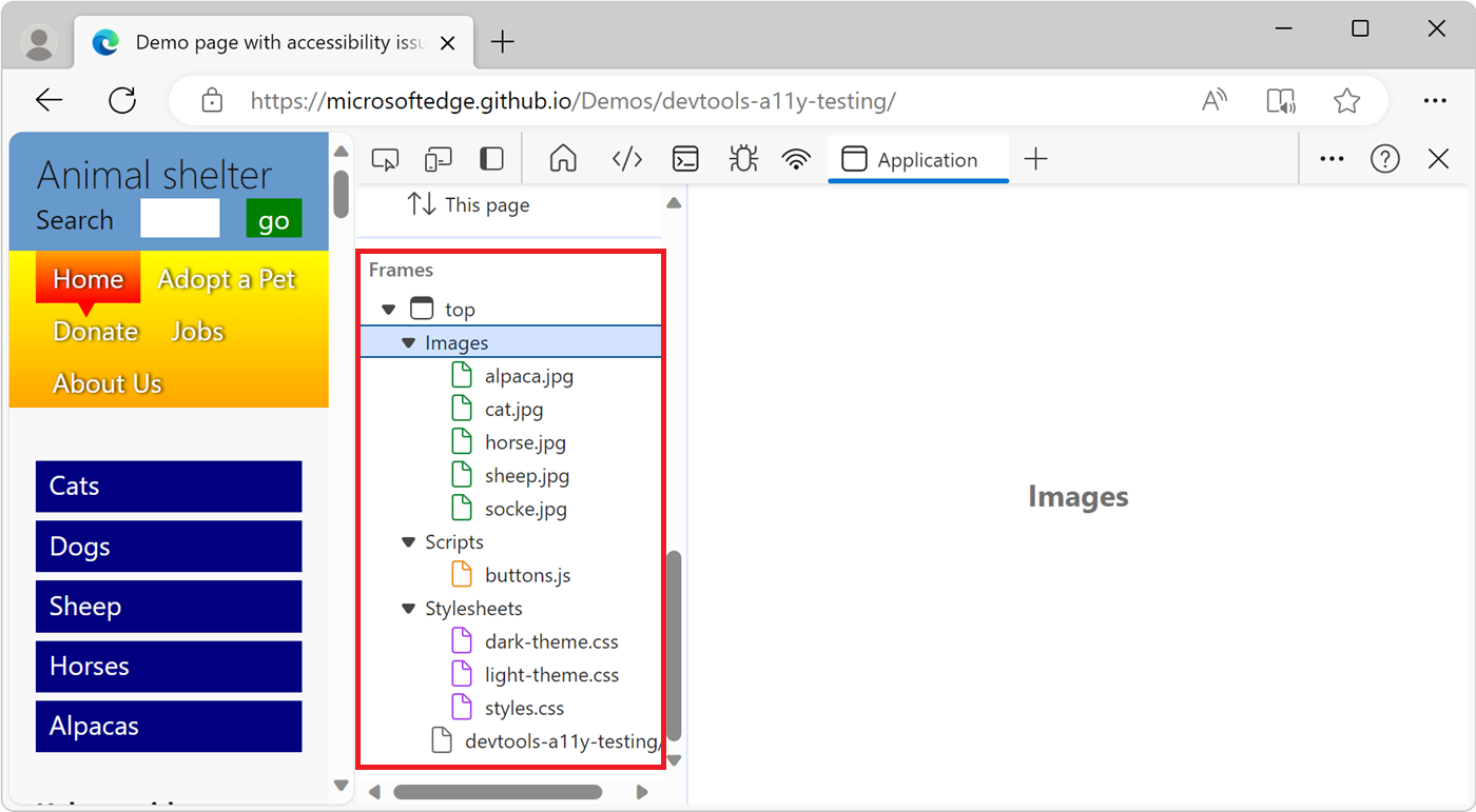 The Frames tree in the Application tool