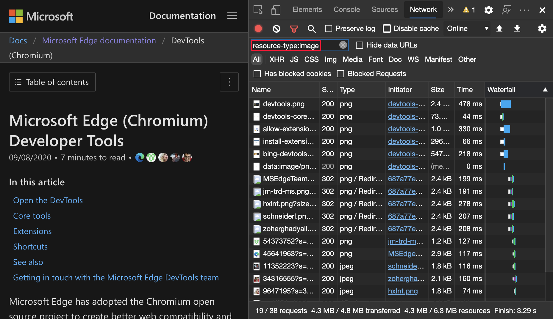 The filter set to 'resource-type:image', to focus on the network requests that are images