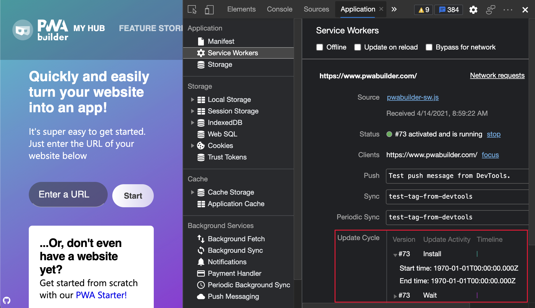 View the Timeline in the Update Cycle for your service worker