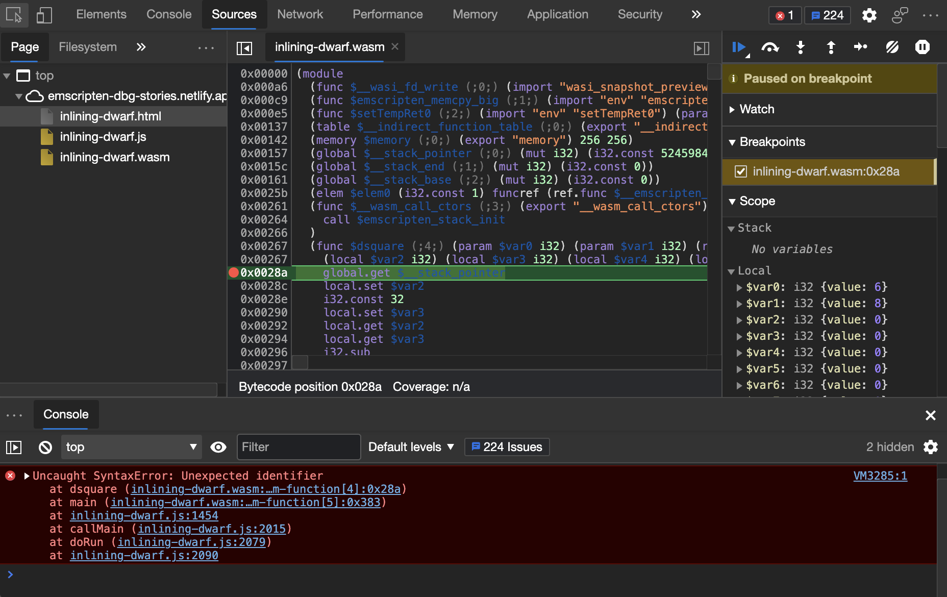 Previous error stack traces for Wasm debugging