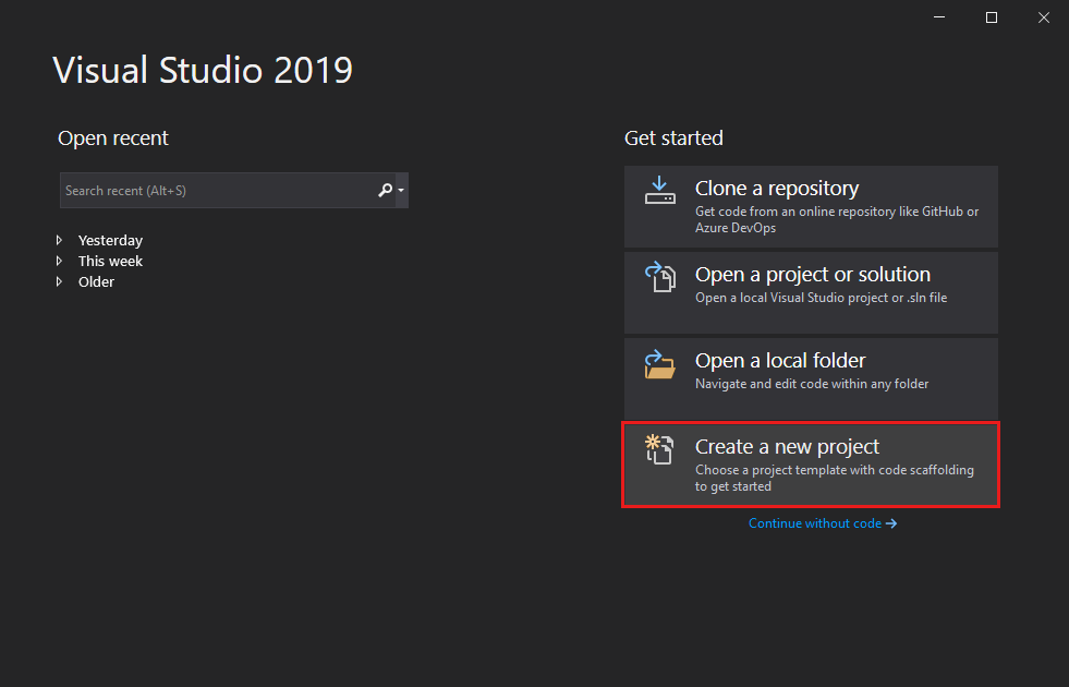 Screenshot shows the Create a new project option in the Visual Studio 2019 start window.
