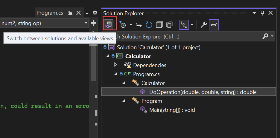 Screenshot of a project in Git that's open in Solution Explorer, with the Switch Views button highlighted.