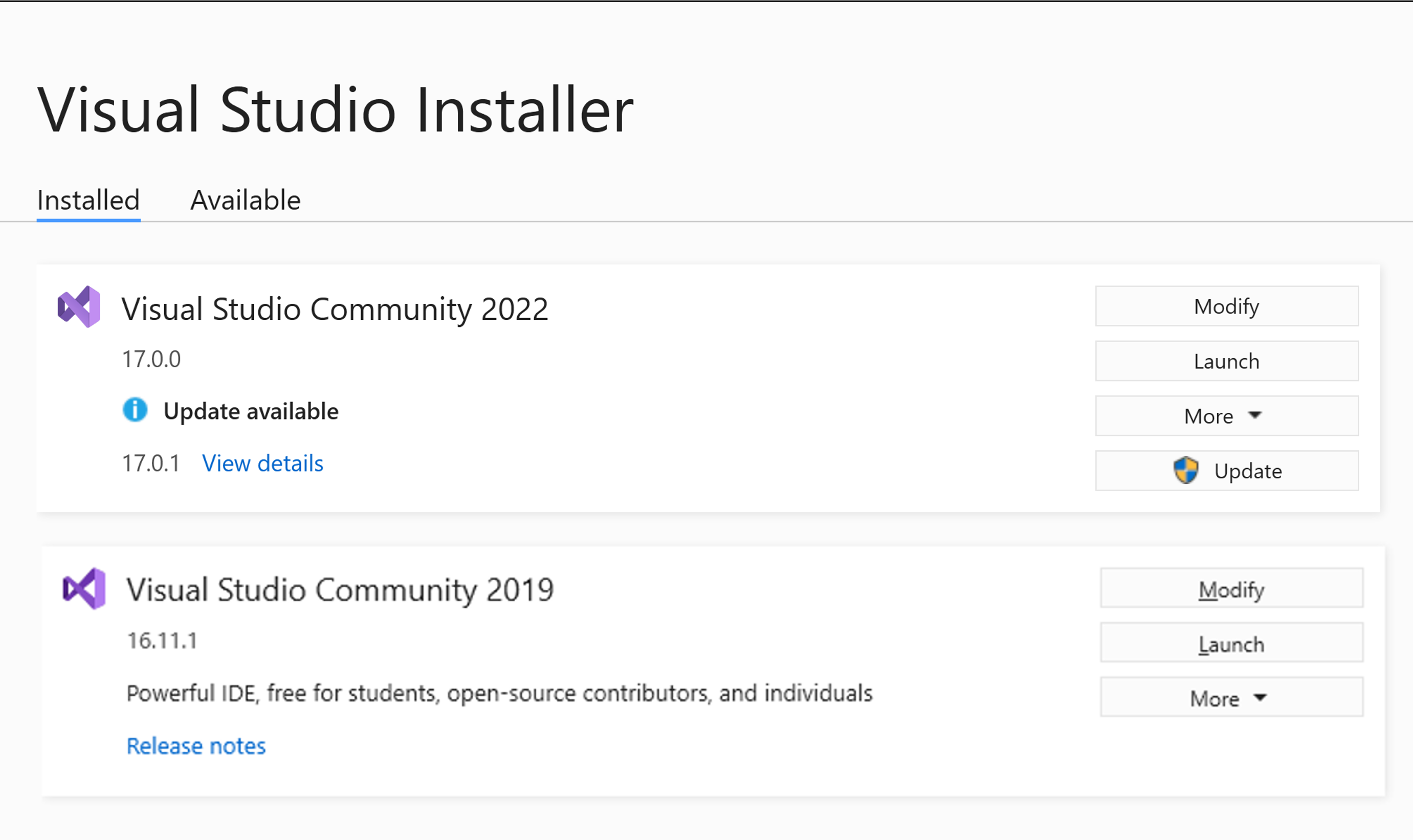 Screenshot showing a list of Visual Studio installations in the Visual Studio Installer.