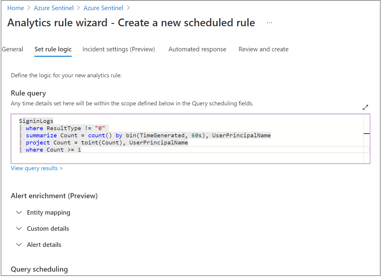 Screenshot of query text in the Rule query field under Set rule logic.