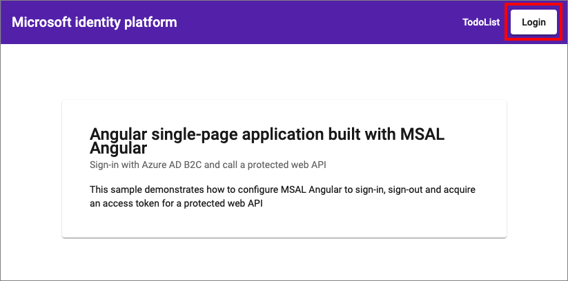 Screenshot that shows the Angular sample app with the login link.