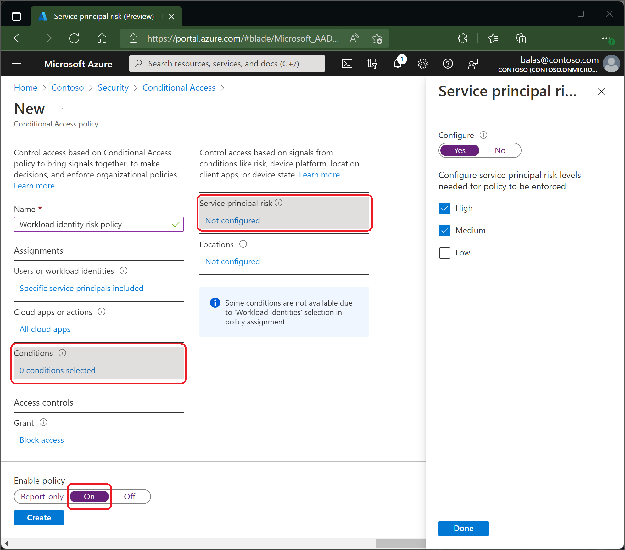 Creating a Conditional Access policy with a workload identity and risk as a condition.