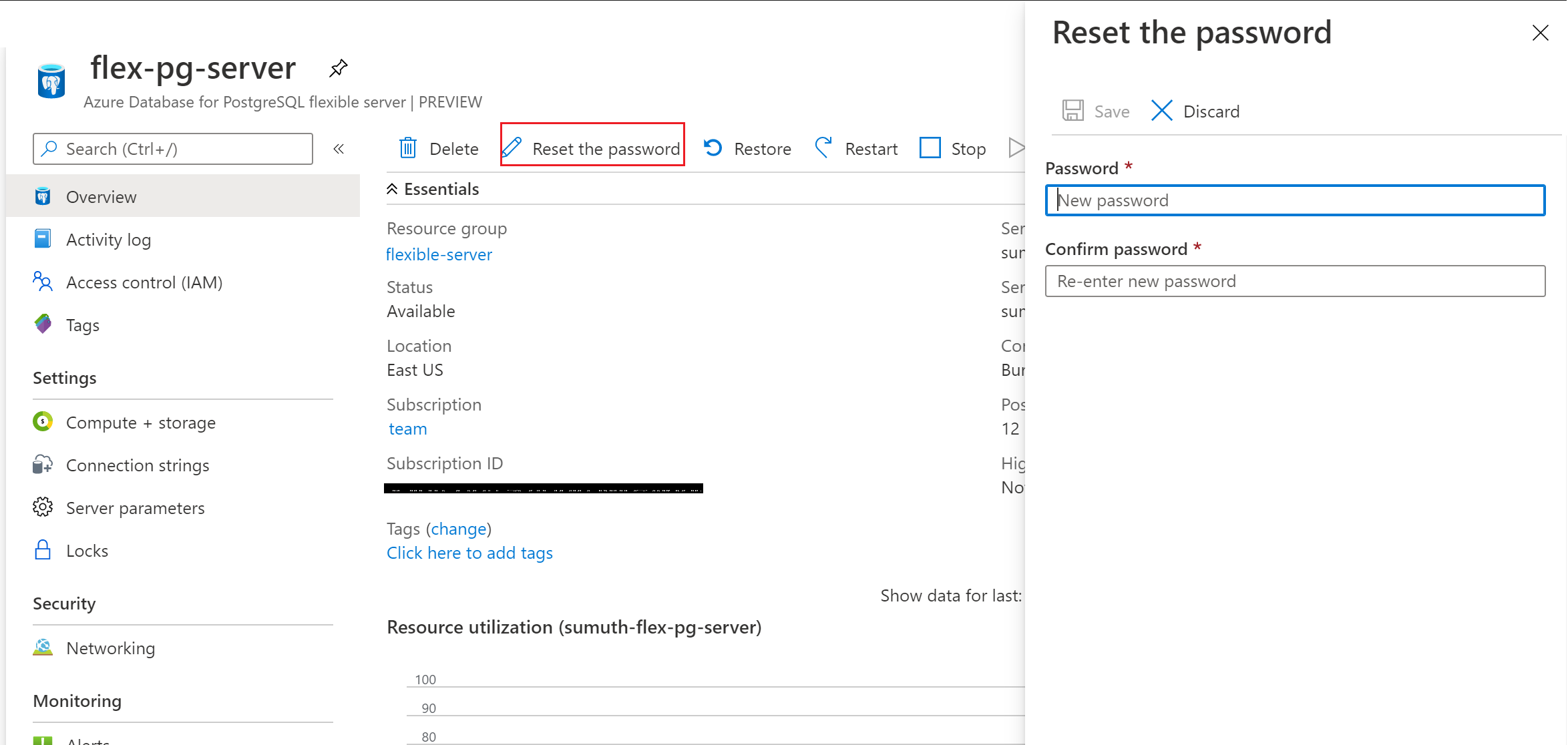 Reset your password for Azure Database for PostgreSQL flexible server.