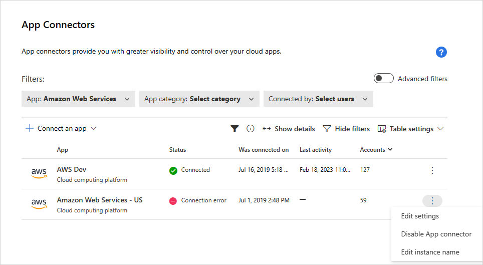 Screenshot of the Connected Apps page, showing edit Security Auditing link.