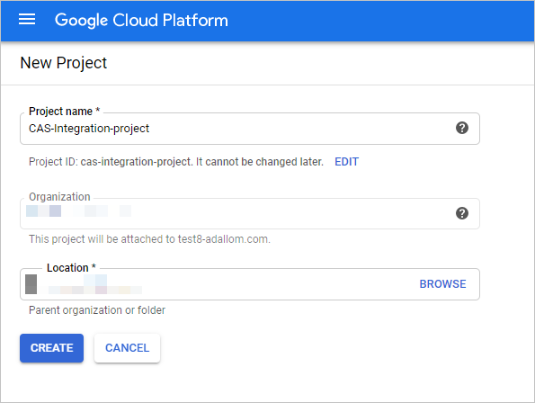 Screenshot showing GCP create project dialog.