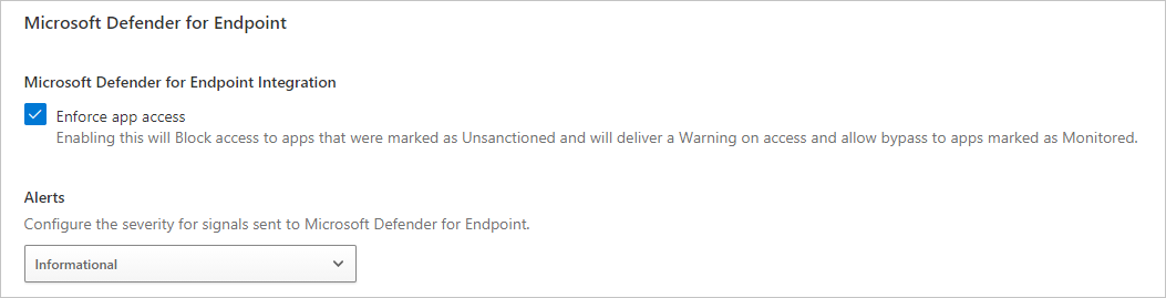 Screenshot of the Defender for Endpoint alert settings.