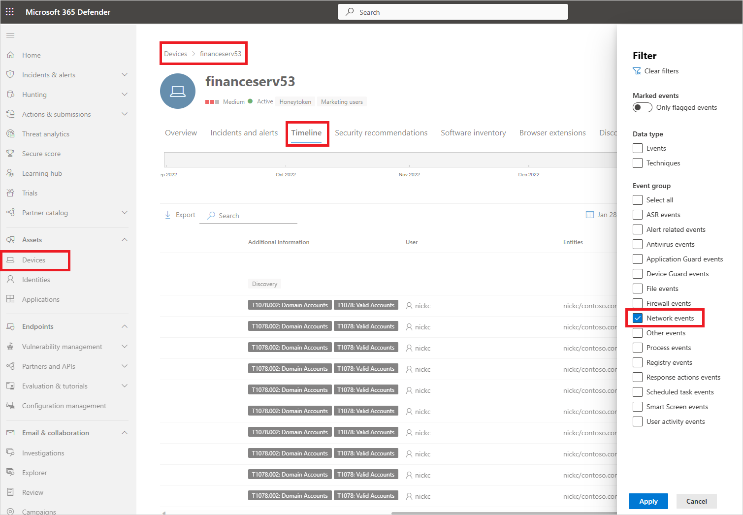 Screenshot showing device timeline in Microsoft Defender XDR.