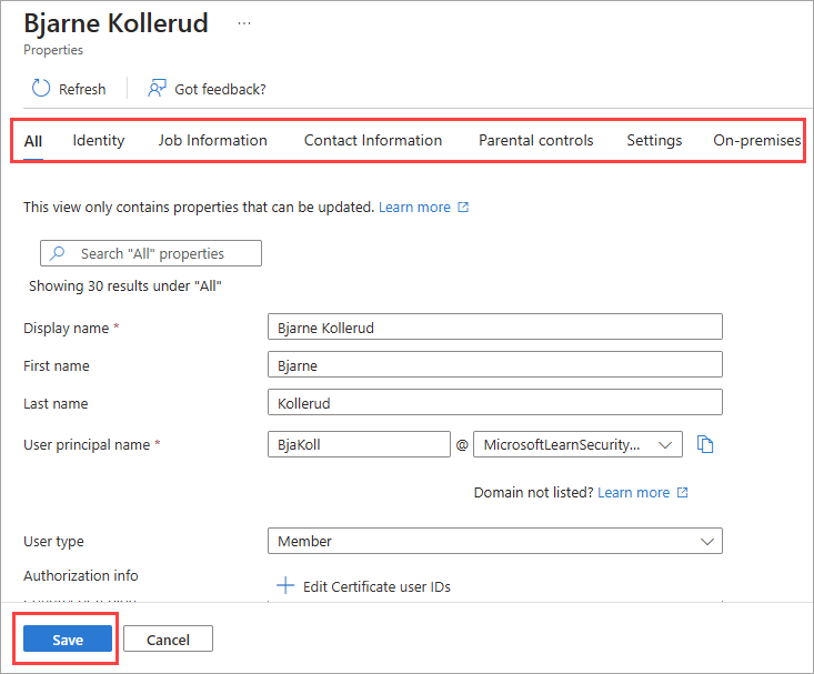 How To Manage User Profile Information In The Microsoft Entra Admin   User Profile Properties Tabbed View 