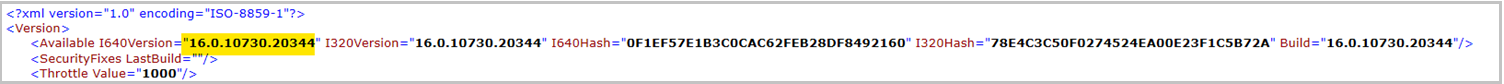 Check the version section in the version descriptor Office XML file.