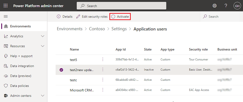 Screenshot of activate an application user.