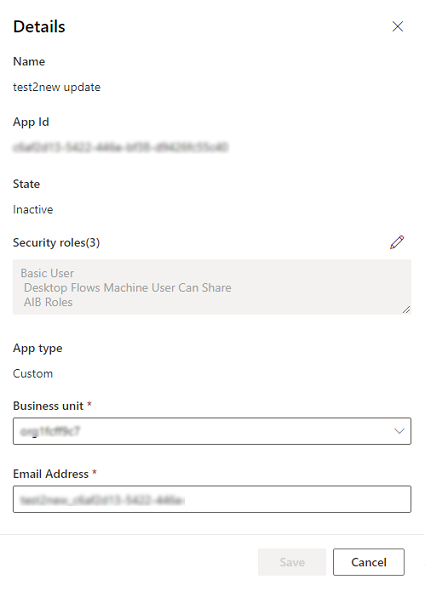Screenshot of the application user details page.