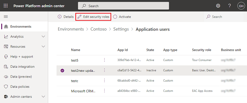 Screenshot of editing security roles for an application user.