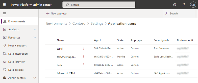 Screenshot of Application users.
